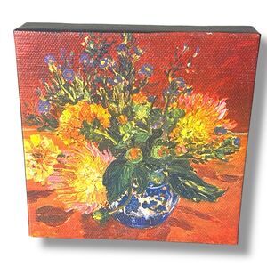 Original Painting Florals  Flowers in Blue White Vase Still Life 8” Canvas Fall